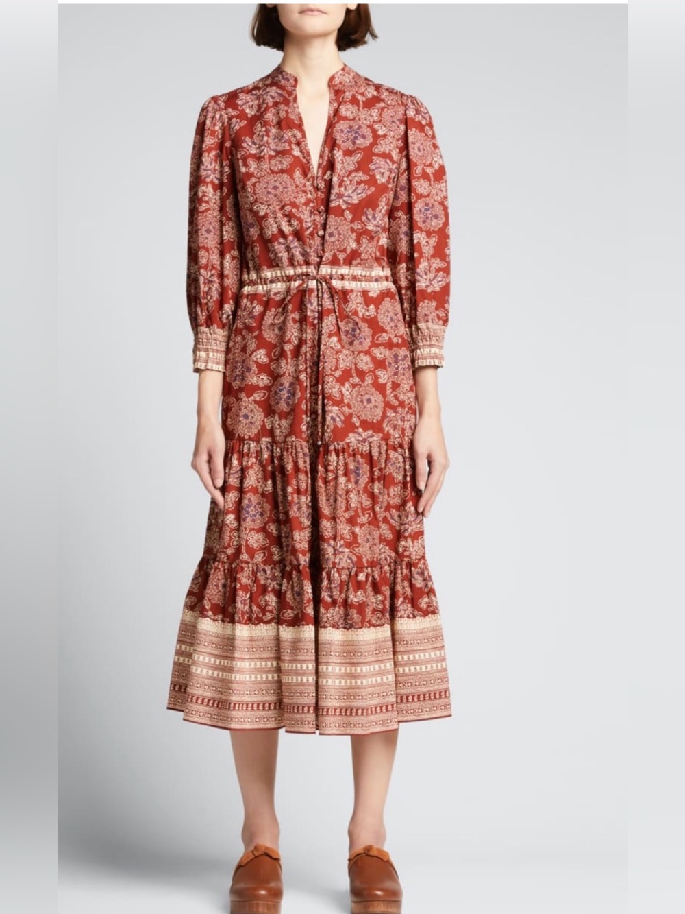 Veronica Beard Swedie Printed Midi Dress Rust Floral Tiered Midi Dress - Picture 3 of 10
